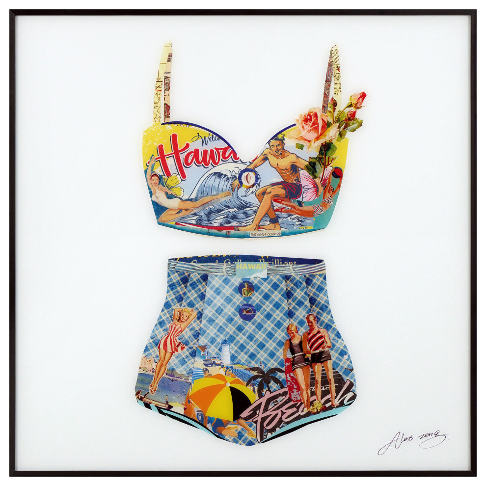 "Hawaiian Beach"Printed Art Glass Collection Framed With Black Anodized Aluminum