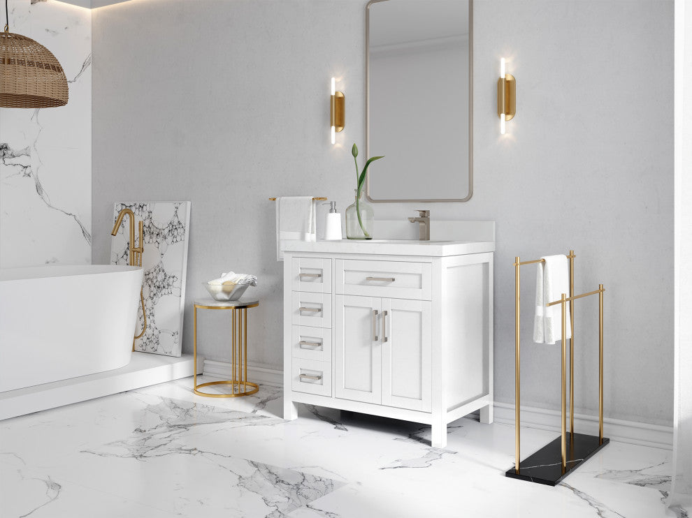 Cambridge 36 Right Offset Bath Vanity in White 2" Carrara Marble