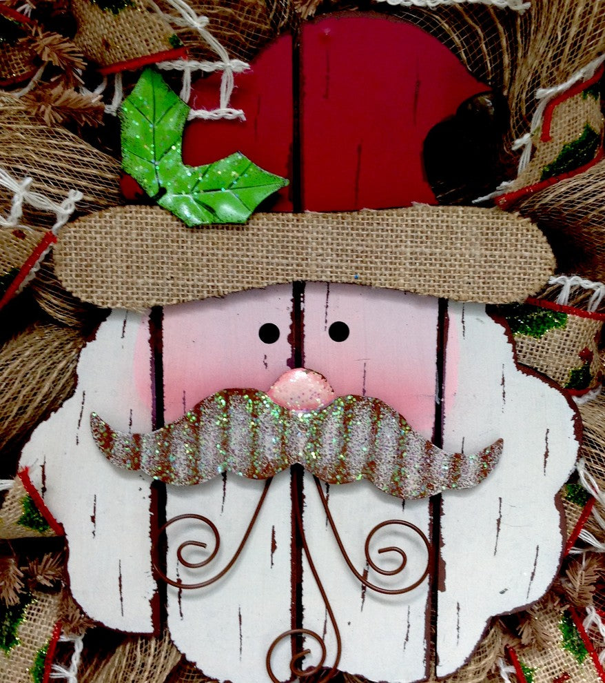 Adorable Wood Santa with Metal Mustache Deco Mesh Wreath
