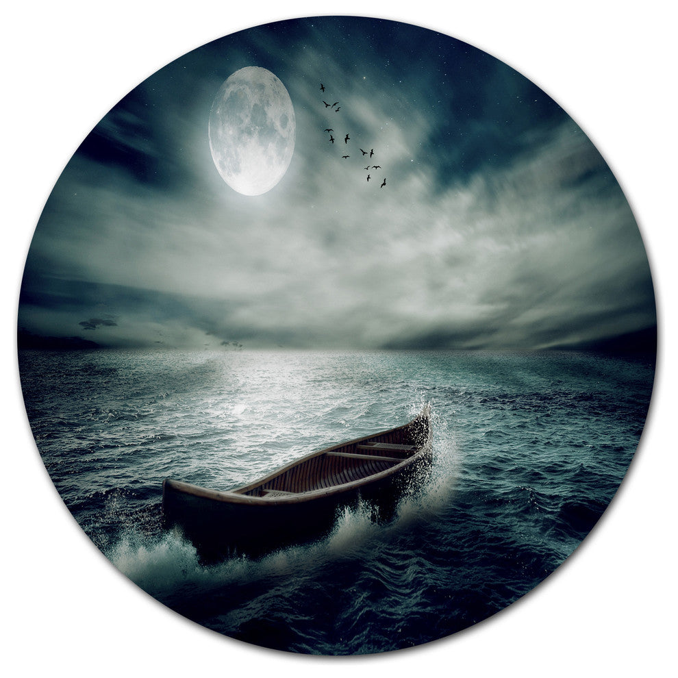 Boat Drifting Away After Storm, Seashore Round Metal Wall Art, 23"