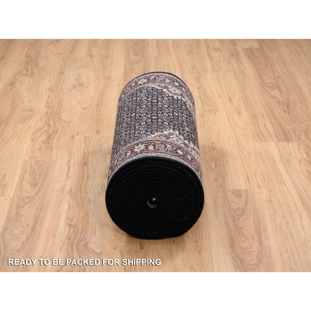 Black Hand Knotted, Tebraz Mahi Wool and Silk XL Runner Rug, 2'6"x26'3"