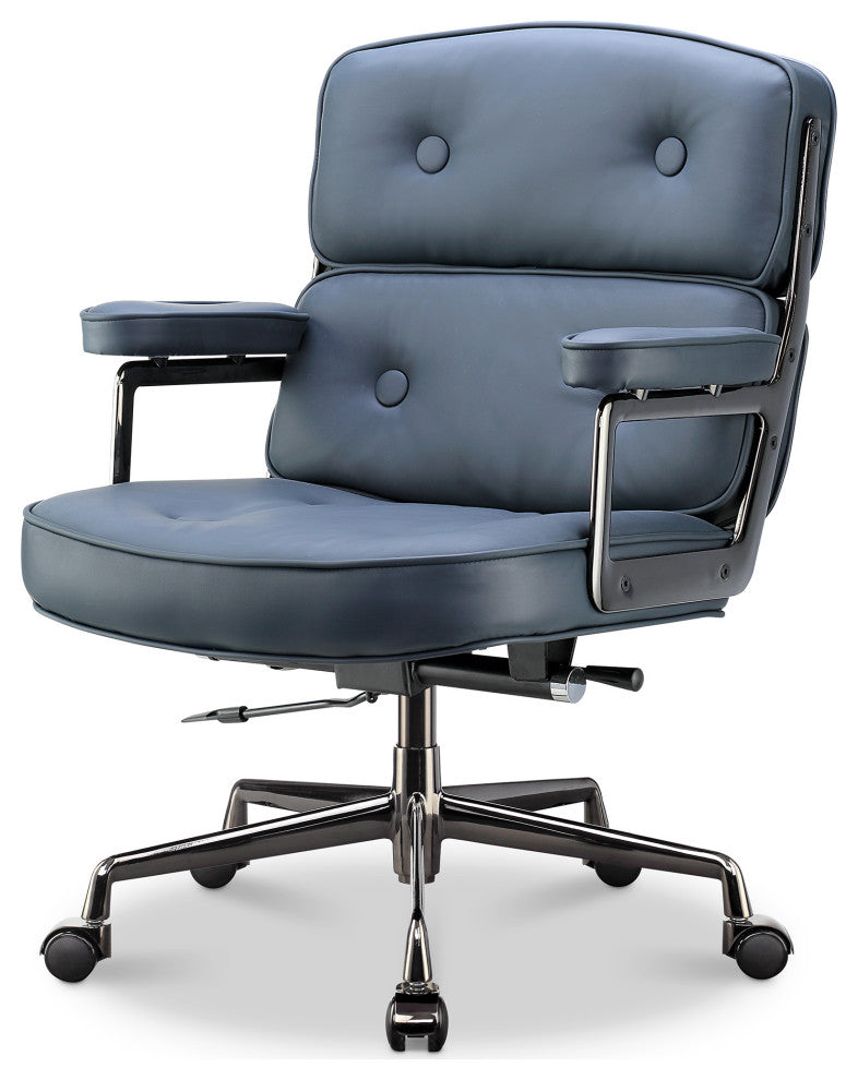Lobby Mid Back Computer Office Desk Chair, Black Chrome& Navy Blue