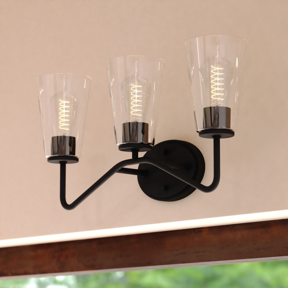 Beverly 3 Light Matte Black Bathroom Vanity Fixture Clear Glass, LED Compatible