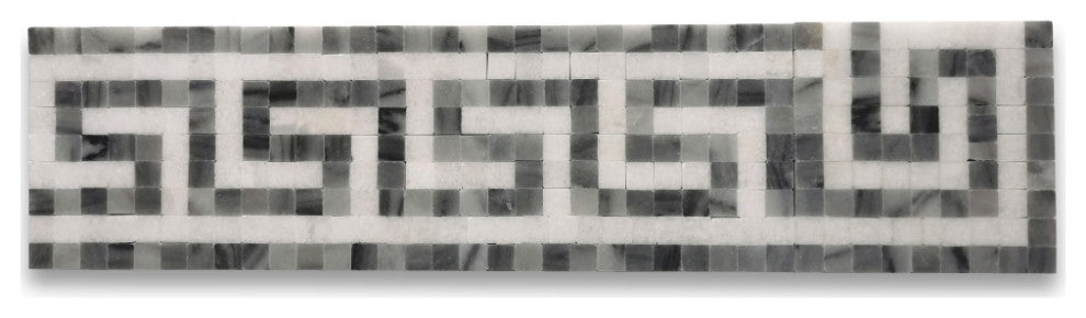Greek Key Thassos White Bardiglio Gray Marble Mosaic Border Tile, 1 piece