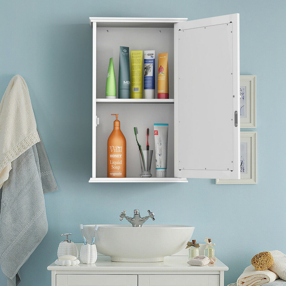 Costway New Bathroom Wall Cabinet Single Mirror Door Storage Wood Shelf White