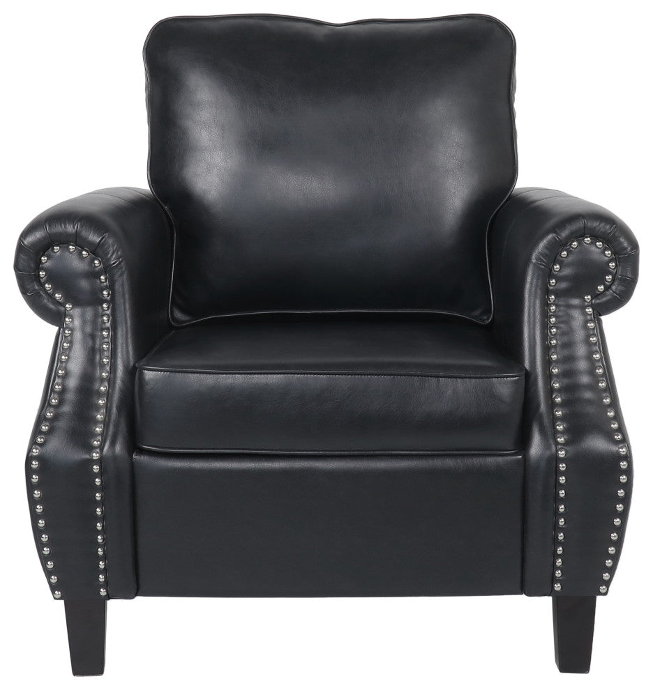 Burkehaven Contemporary Faux Leather Club Chair With Nailhead Trim, Midnight Black/Dark Brown
