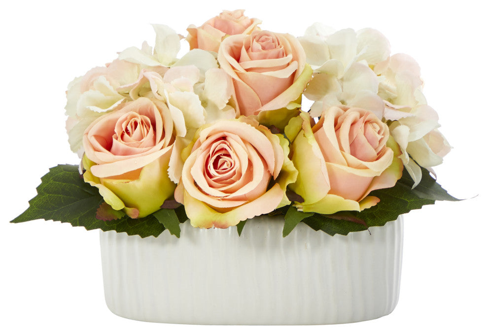 7" Rose and Hydrangea Artificial Arrangement, White Vase