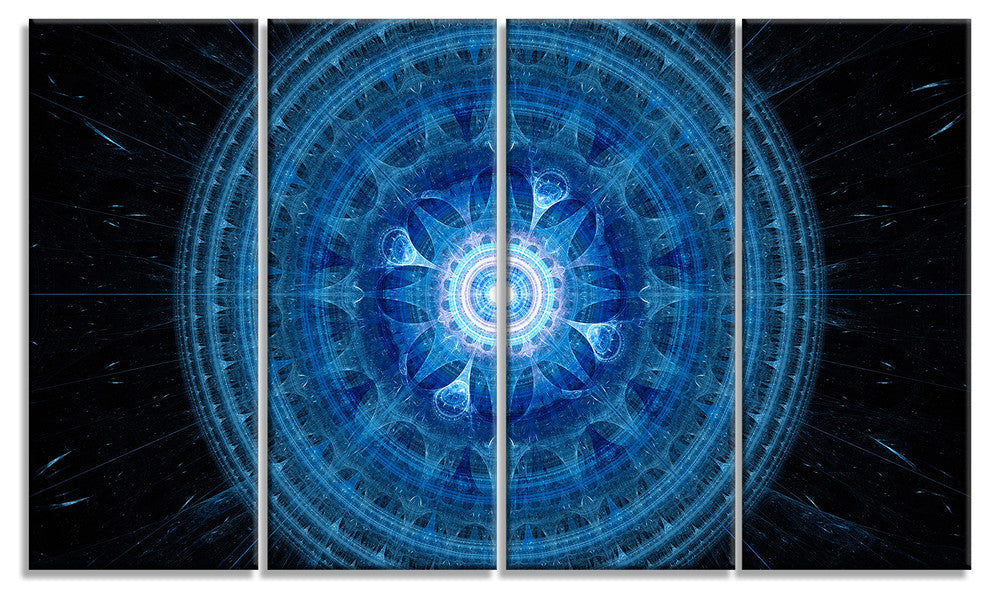 Bright Blue Fractal Sphere, Abstract Wall Art Canvas, 48"x28", 4 Panels