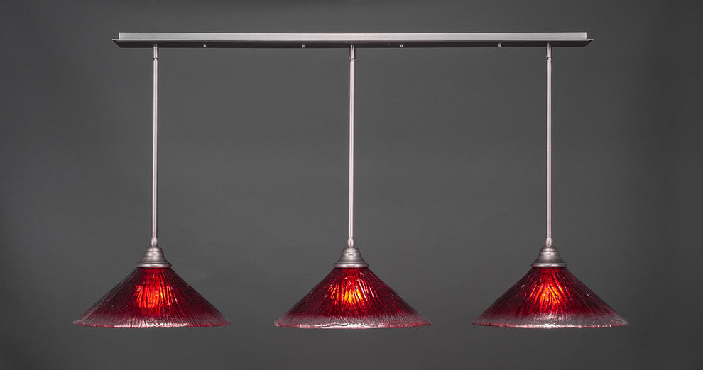 3 Light Mini Pendant In Brushed Nickel, 16" Raspberry Crystal Glass