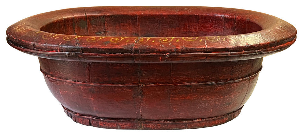 Chinese Vintage Distressed Brick Red Flower Oval Shape Wood Bucket Hws3118