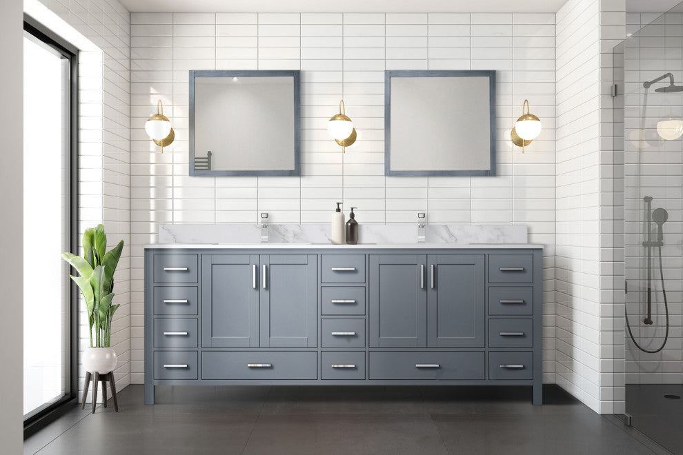 Jacques 84" Dark Gray Double Vanity Carrara Marble Top Sinks, 34" Wall Mirrors