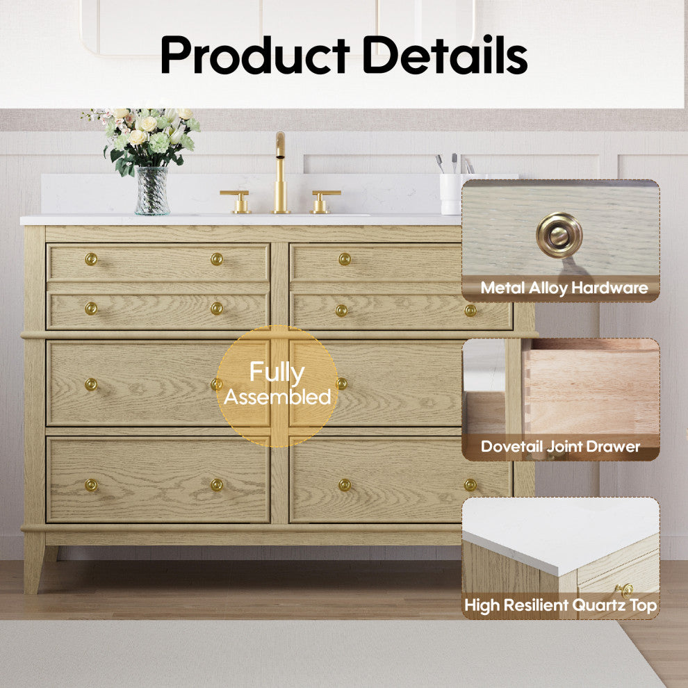 Oak Solid Wood Bath Vanity with White Quartz Top, Soft-Close, CUPC Certified, 48"