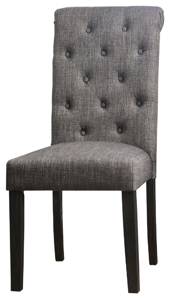 27 Inch Fabric Dining Chair, Button Tufted Rolled Back, Wood, Gray