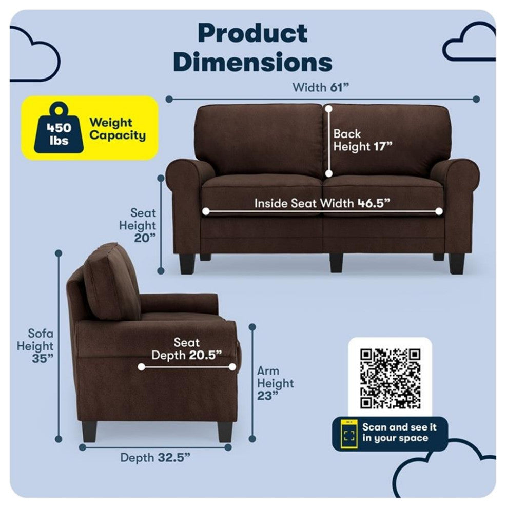 Serta Copenhagen 61" Rolled Arm Loveseat Sofa with Removable Covers Brown