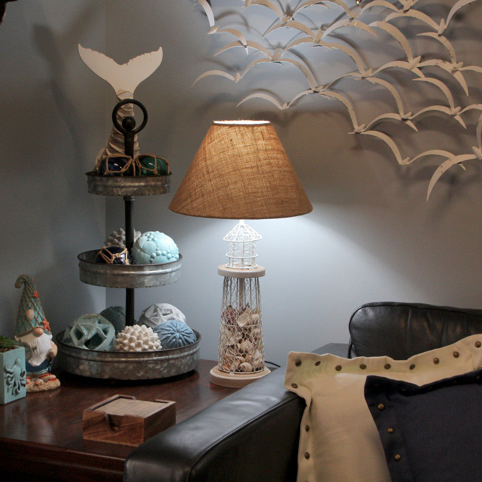 White and Grey Metal Mesh Seashell Filled Lighthouse Table Lamp with Cone Shade