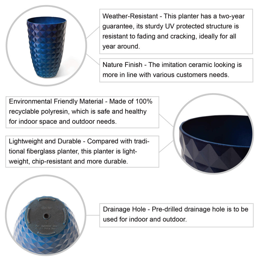Set of 2 Eco-Friendly PE Faux Ceramic Textured Planters, Cobalt Blue