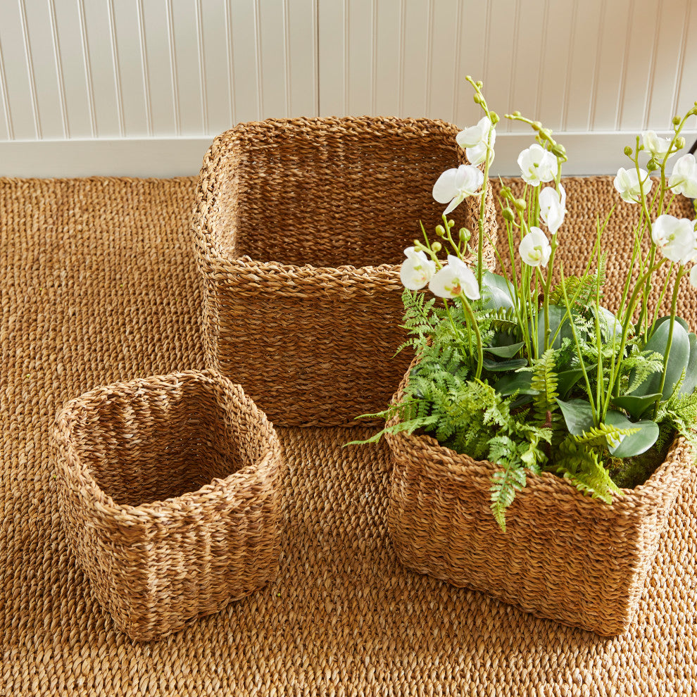 Set of 3 Woven Sea Grass Storage Baskets Square 17 14 11 in Natural Spa Towel