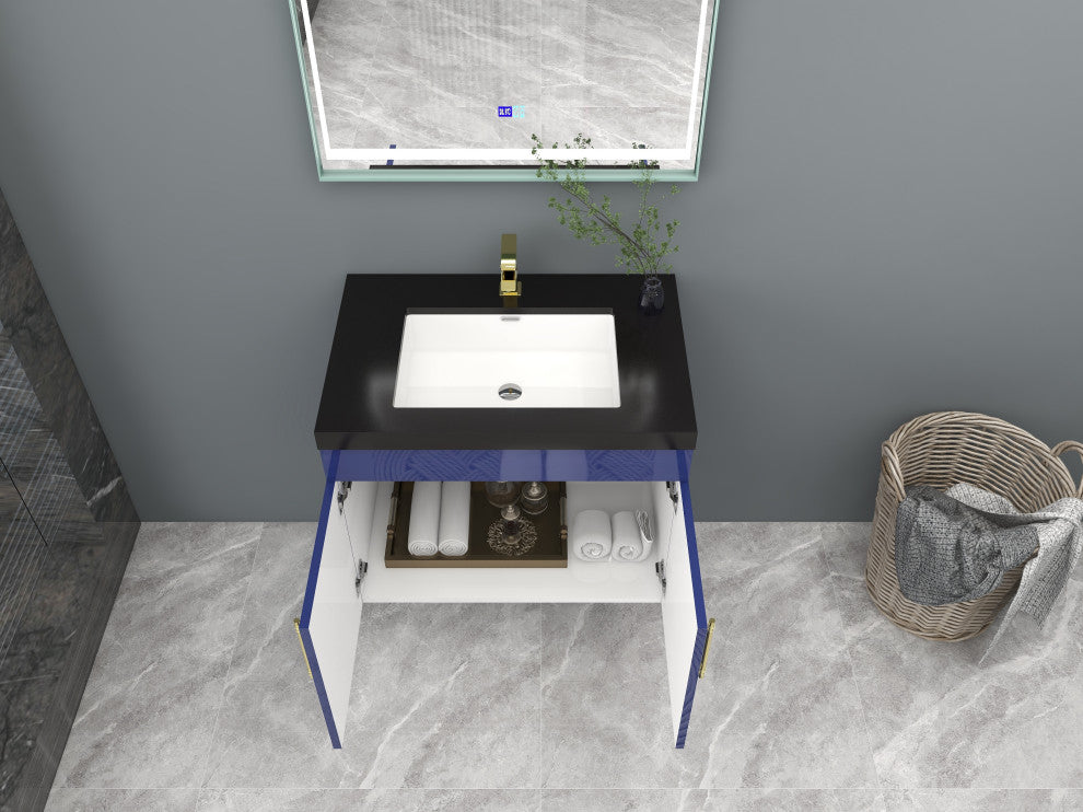 Rosa 30" Wall Mounted Modern Vanity, High Gloss Night Blue, Matt Black Top