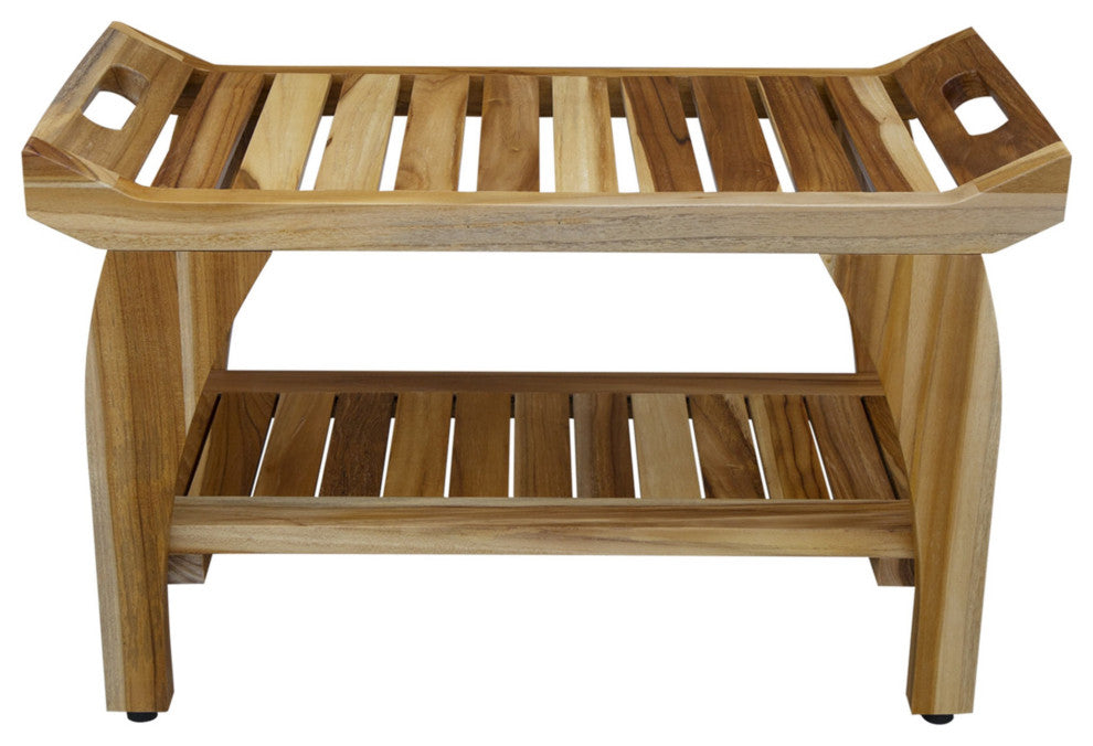 HomeRoots Rectangular Teak Shower Bench With Handles, Natural Finish
