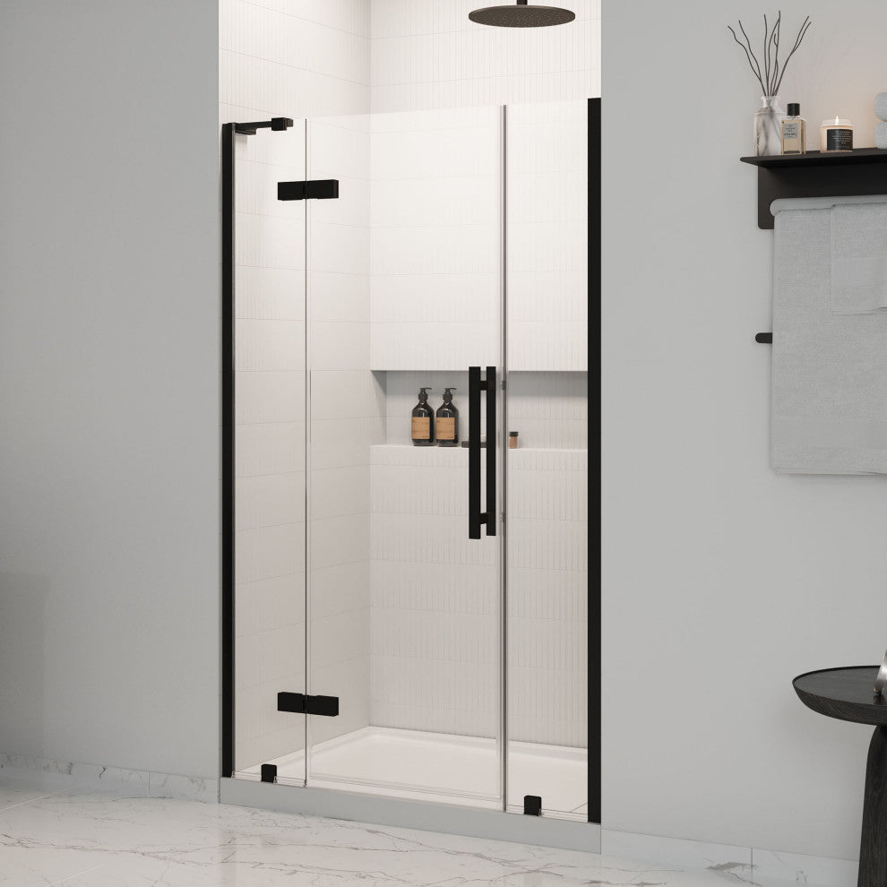 Tampa Alcove Frameless Pivot Hinge Shower Door Kit With Base Pan, Black, 48x32"