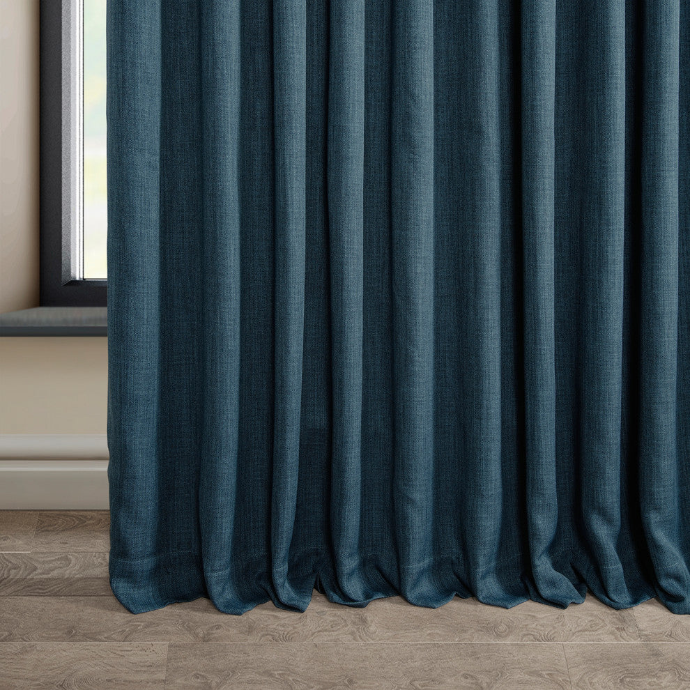 Faux Linen Extra Wide Room Darkening Curtain Single Panel, Story Blue, 100wx108l