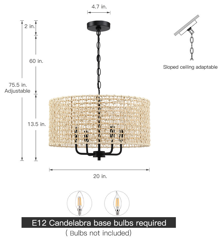20" 4-Light Rattan Drum Chandelier Light With Black Canopy