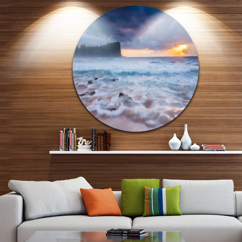 Incredible Sunset With White Waves, Seashore Round Metal Wall Art, 23"