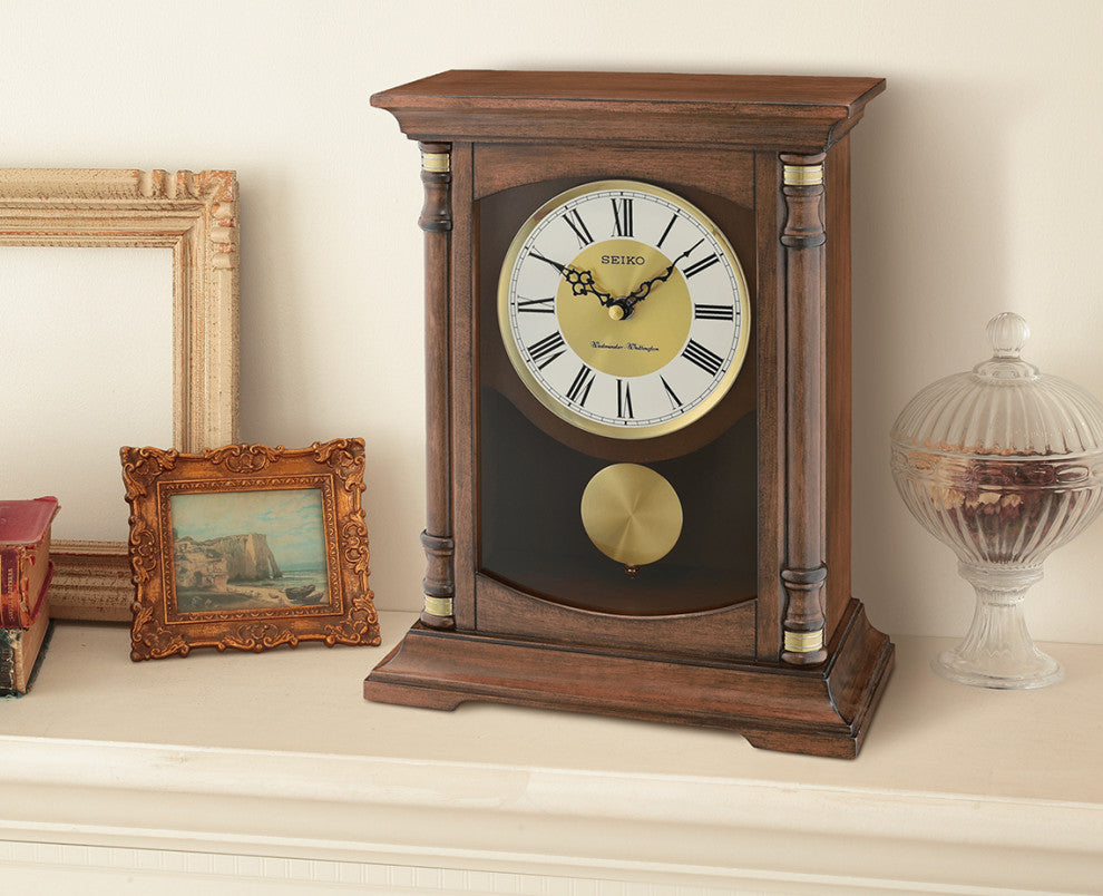 Seiko Clocks, Charming Medium Brown Clock With Pendulum and Chime