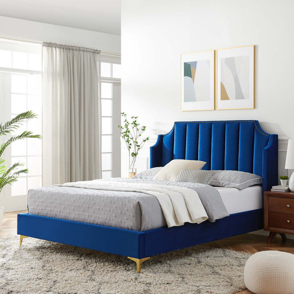 Platform Bed Frame, Queen Size, Velvet, Blue Navy, Modern Contemporary, Bedroom