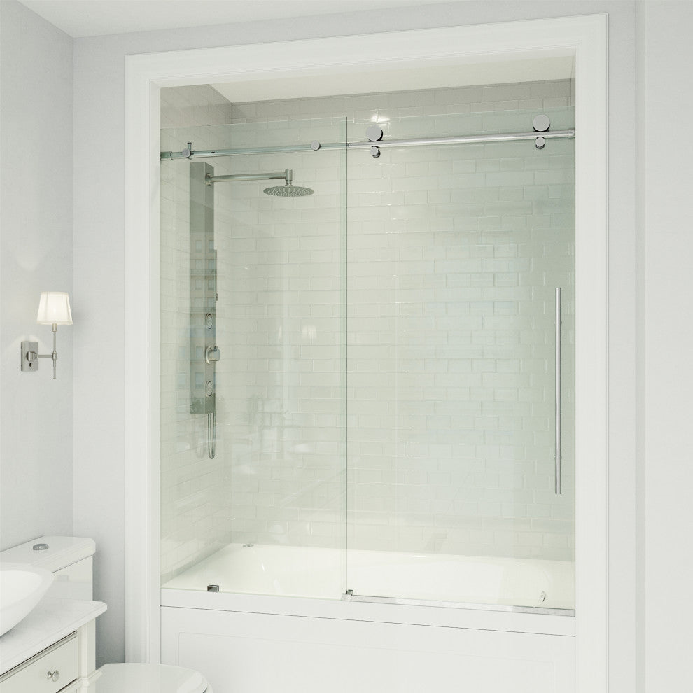 VIGO Elan E-Class 56" to 60" W x 66" H Frameless Sliding Tub Door, Chrome, Clear Glass