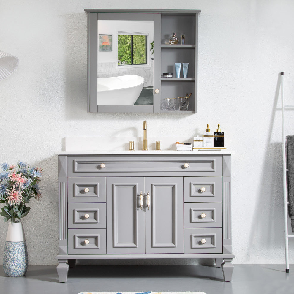 Solid Wood Bathroom Vanity with Quartz Top and cUPC Certified Sink, Titainum Grey, 48 Inch
