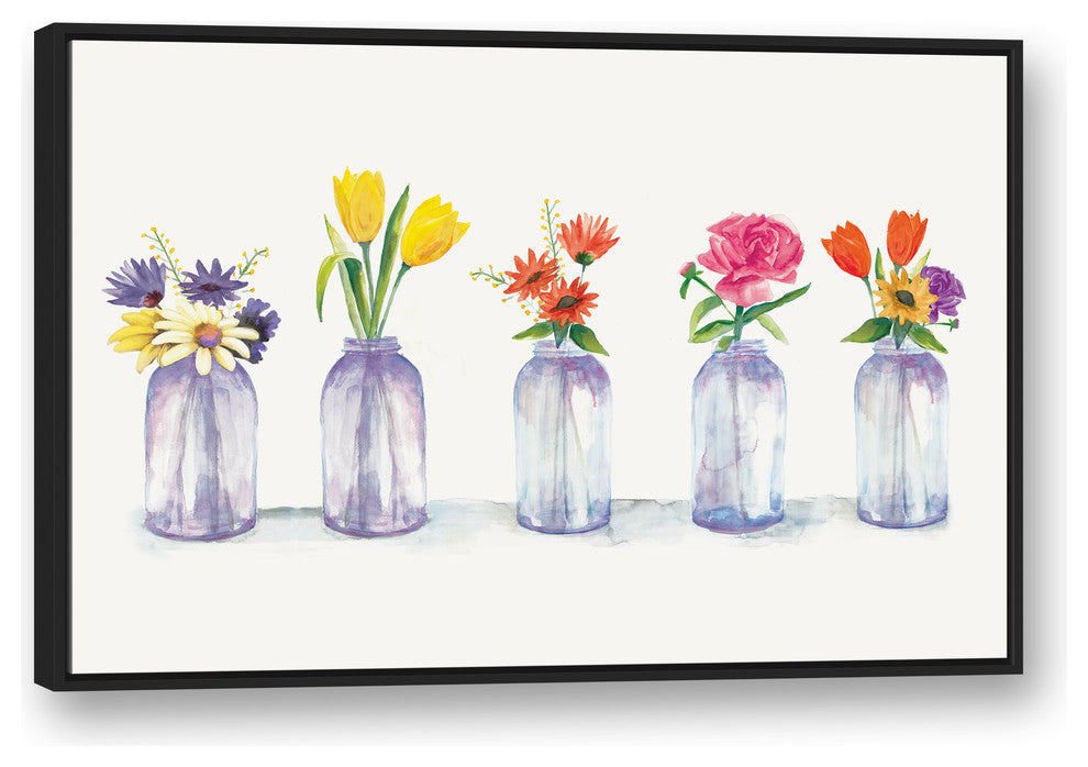 Painted Flowers in Glass Jars Print 32x48 Black Floating Framed Canvas