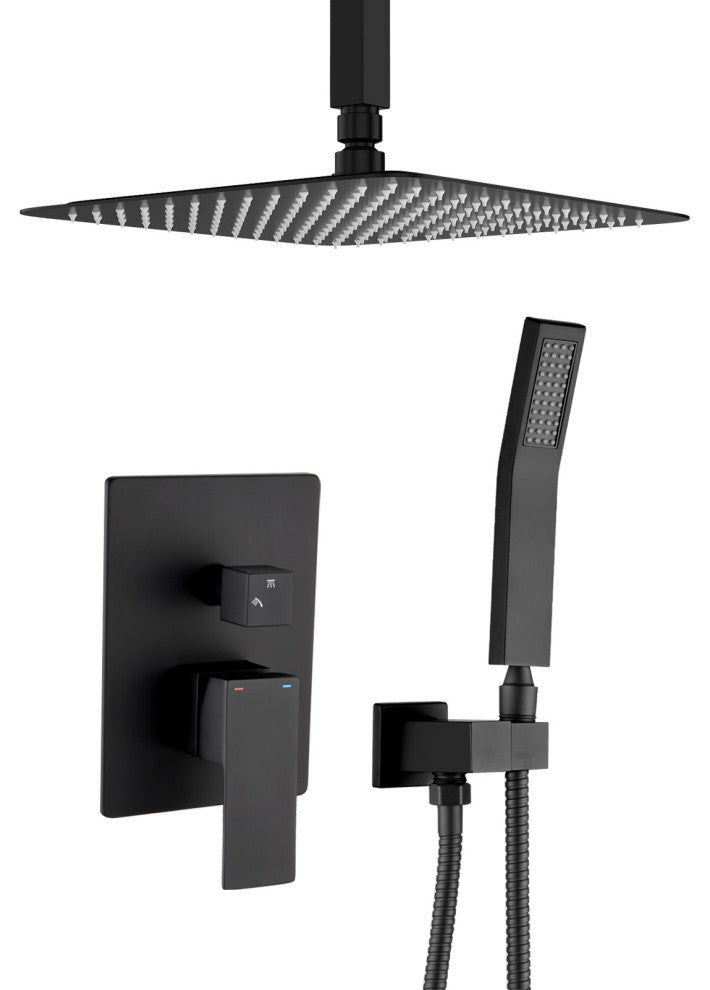 Ceiling Mounted Shower System Set With 16" Rain Shower Head, Matte Black