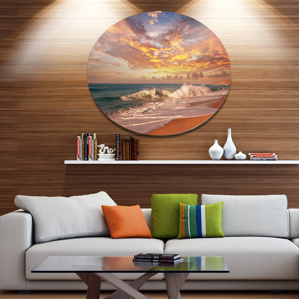 Waves Under Colorful Clouds, Seashore Round Metal Wall Art, 23"