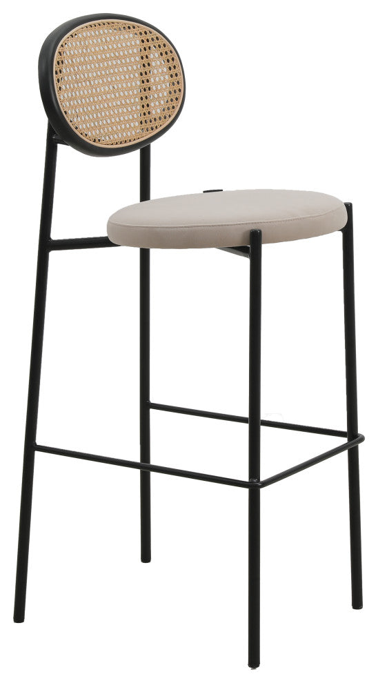 LeisureMod Euston Wicker Bar Stool With Black Steel Frame and Footrest, Beige