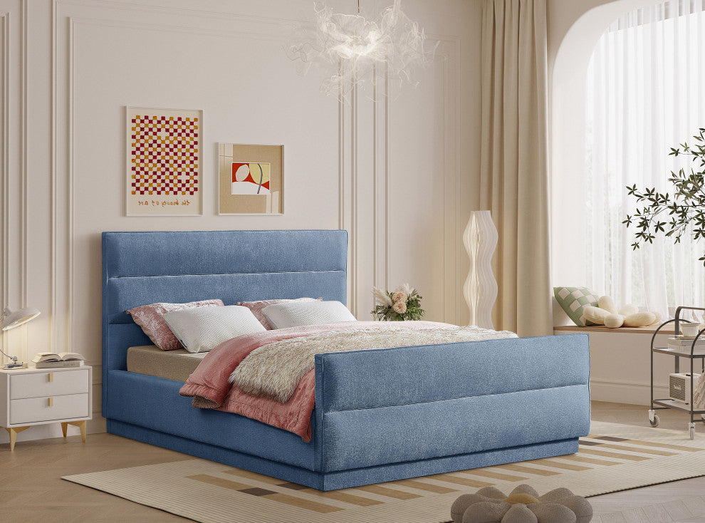 Paxton Chenille Fabric Upholstered Bed, Blue, Queen