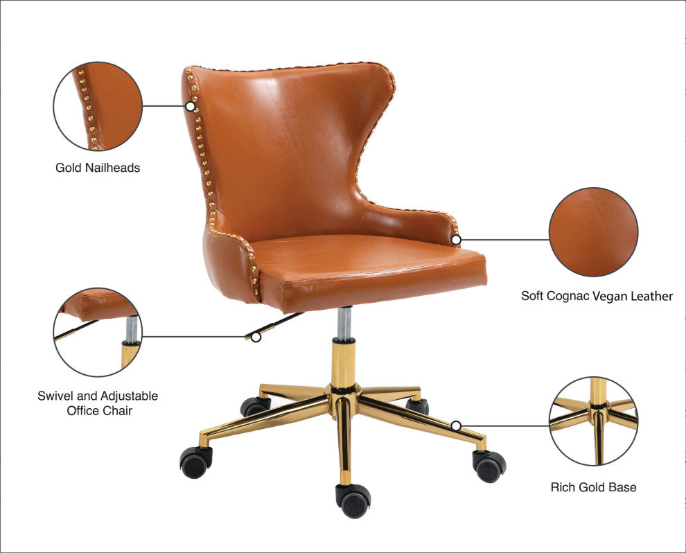 Hendrix Swivel and Adjustable Vegan Leather Office Chair, Cognac, Rich Gold Base