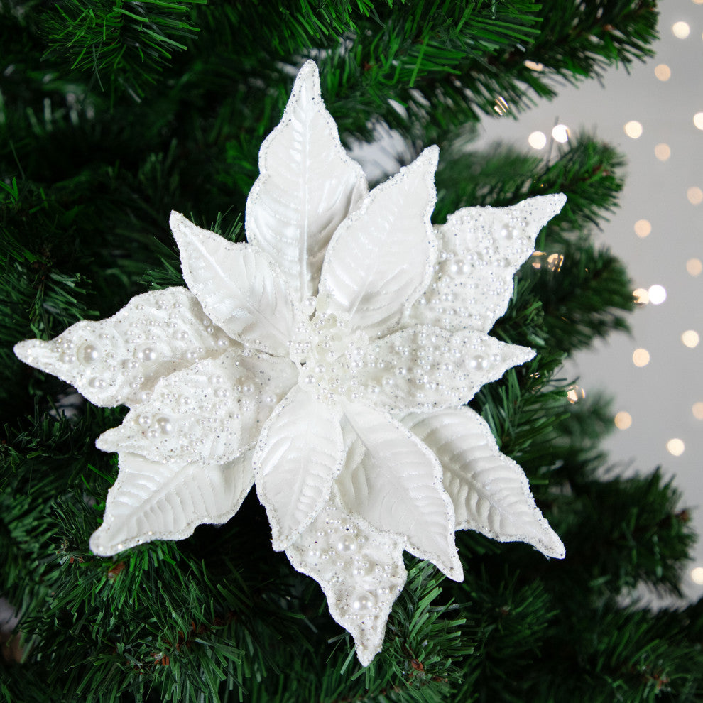 22" Pearl White Glittered Poinsettia Christmas Pick With Pearl Accents