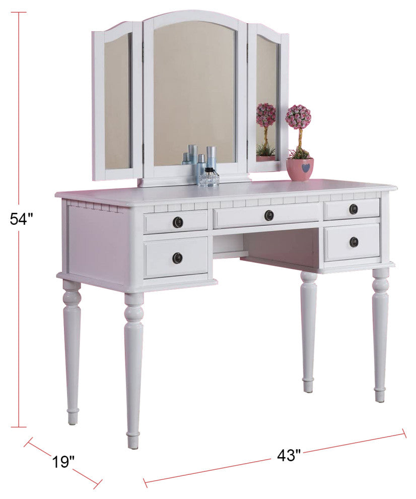 Vanity Set with Tri-Fold Mirror, White