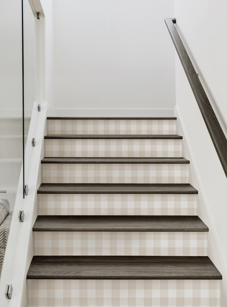Checkered Fabric Look Peel & Stick Stair Riser Strips, Beige, 48"x7", Set of 6