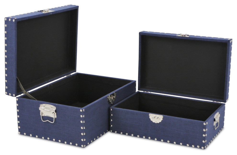 Linen Studded Keepsake Boxes, Navy, Set of 2
