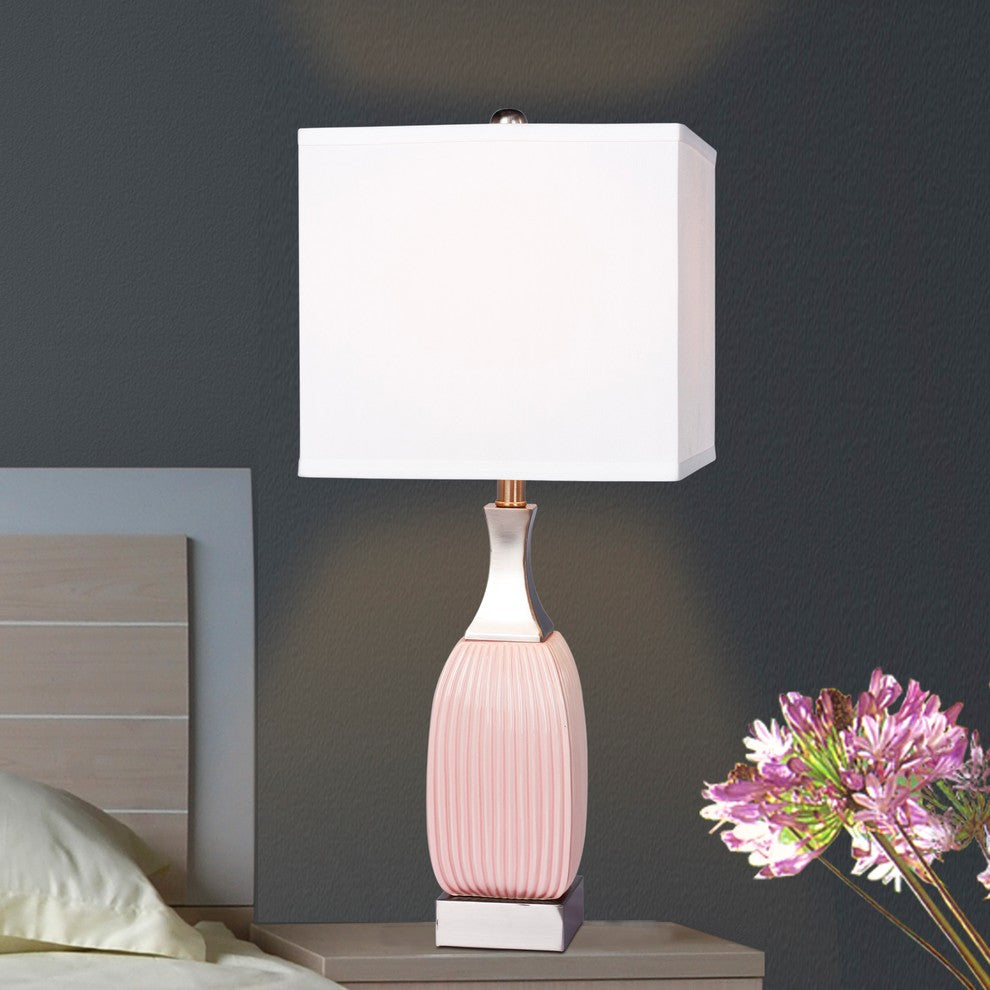 Ribbed Blush Ceramic/Nickel Metal Table, Lamp, 26.5"