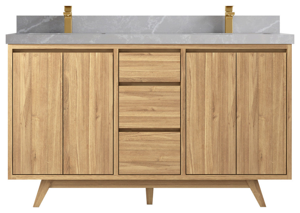 Madison Teak 60" Double Bath Vanity in Light Natural 2" Pearl Gray