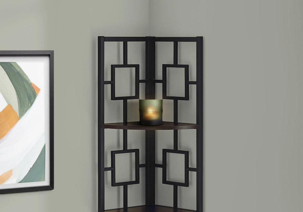 Bookshelf Etagere Corner 4 Tier 62"H Office Bedroom Metal Laminate Brown Black