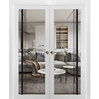 French Double Pocket Doors 48x96 | Lucia 2566 White Silk | Kit Trims Rail