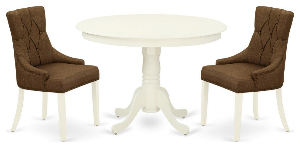 3Pc Dinette Set, Rounded Table, Two Chairs, Dark Coffee Fabric, Linen White