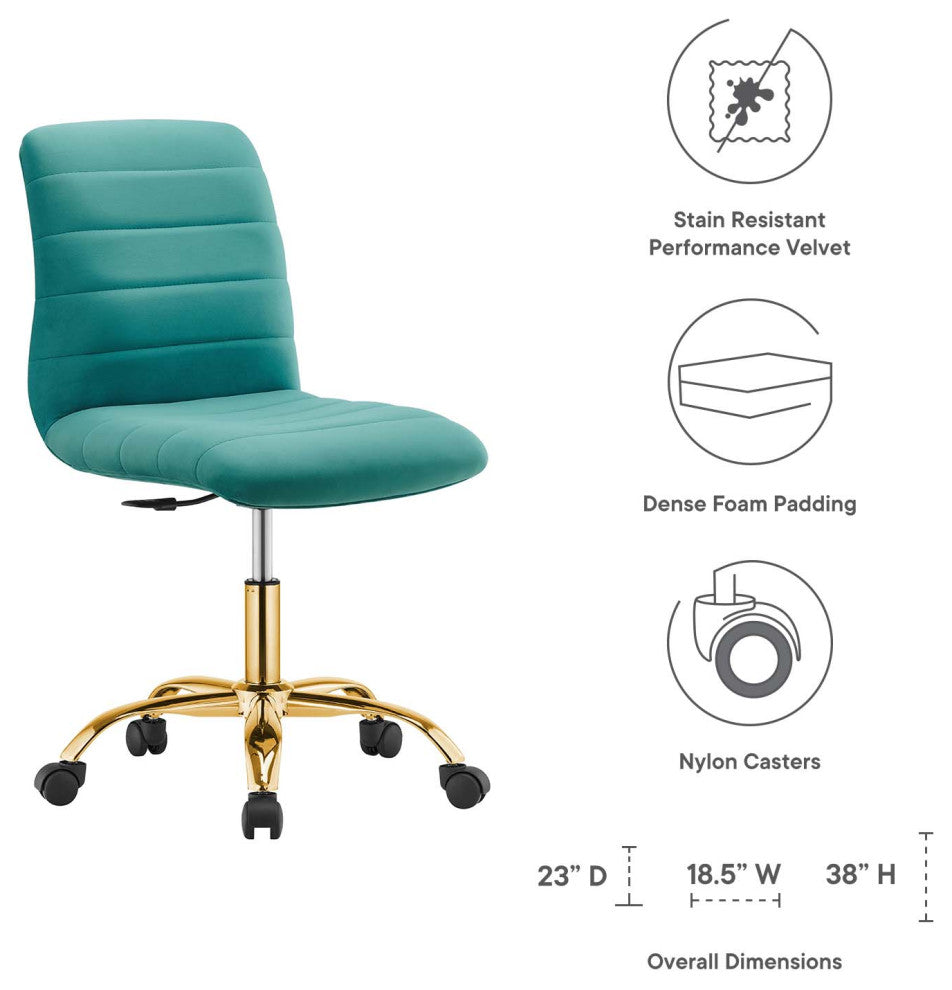 Ripple Armless Performance Velvet Office Chair, Gold Teal