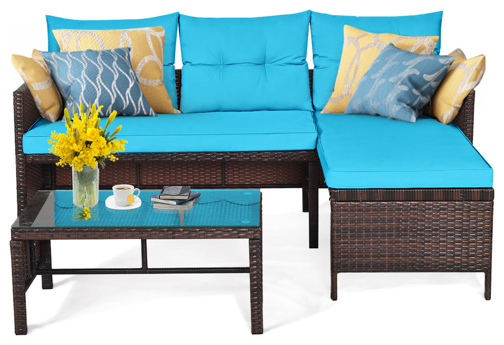 Costway 3PCS Patio Wicker Rattan Sofa Set Outdoor Conversation Set Turquoise