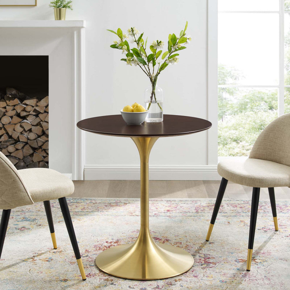 Dining Table, Round, Wood, Gold Dark Brown Brown Walnut, Cafe Bistro Restaurant