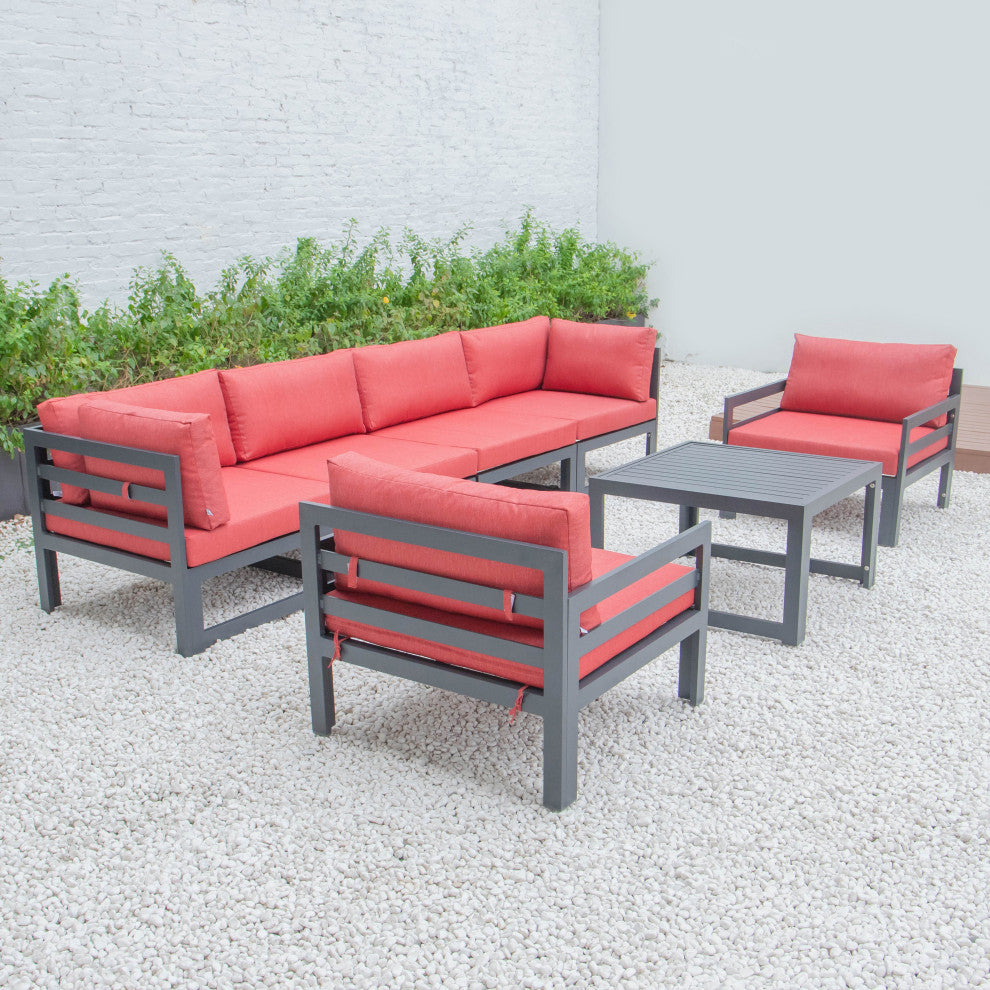 LeisureMod Chelsea 7-Piece Patio Sectional With Coffee Table, Red